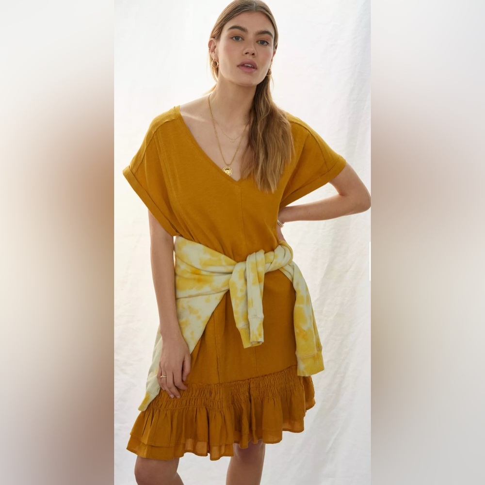 Anthropologie Daily Practice Solana Ruffled Tunic Dress‎ in Honey